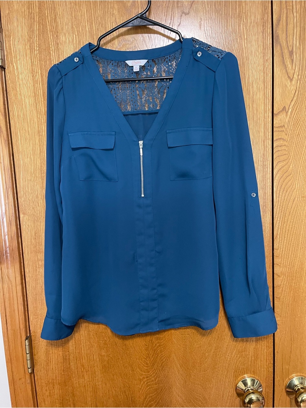 Candie's Teal Blue V-Neck Zip Front Blouse with Lace Yoke